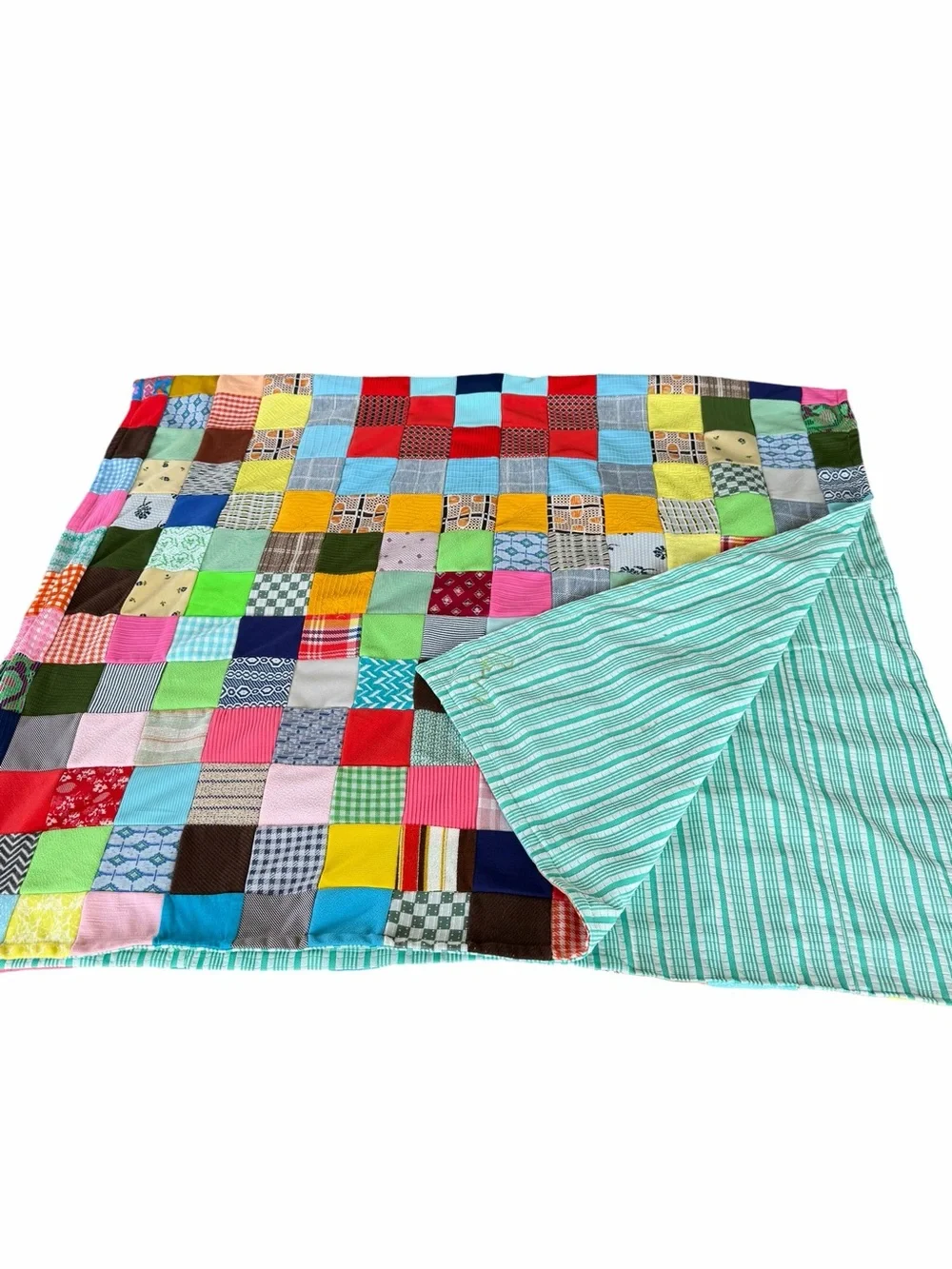 Vintage Double Knit Polyester Patchwork Scrap Quilt Bright Colorful Signed 46x81